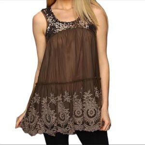 Free People Mirror Mirror Dark Taupe Sequin Lace Tulle Sleeveless Top Size S